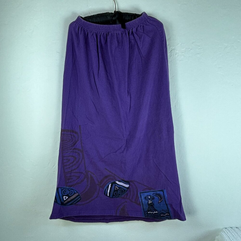 Vintage 90s Blue Fish Maxi Skirt Hand Printed Organic Cotton Size 1 Purple USA
